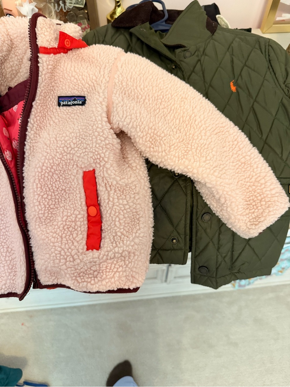 Patagonia Pale Pink Sherpa Fleece Jacket with Red Accents
